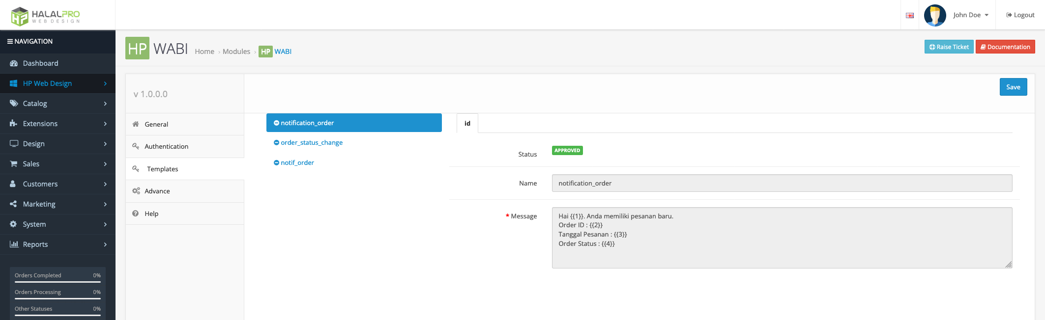 whatsapp business api integration tempalte opencart
